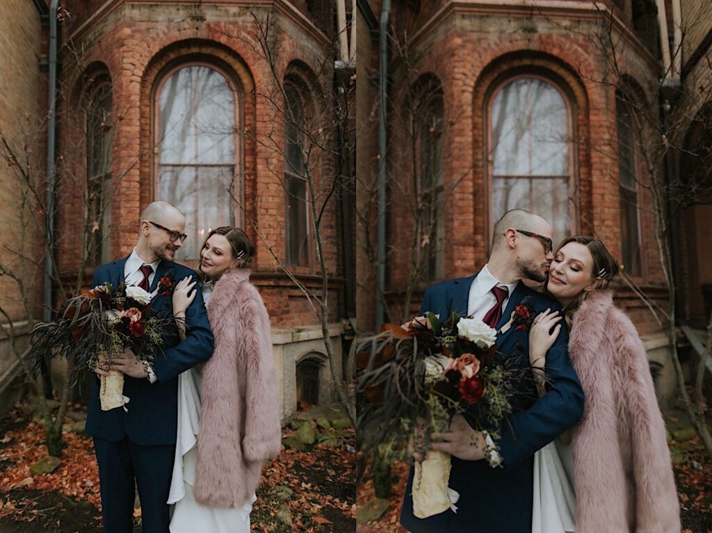 2 photos side by side of a bride and groom outside the Vrooman Mansion, the bride is standing behind the groom in both photos and in the right photo the groom kisses the brides cheek