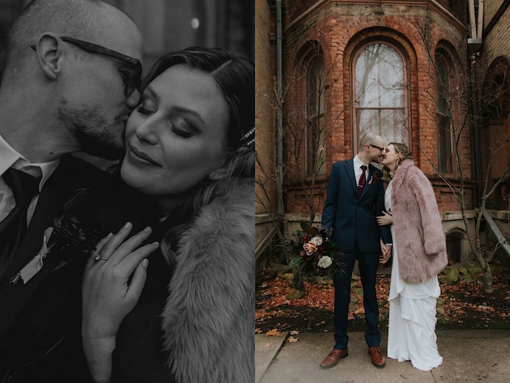 2 photos side by side of a bride and groom outside of Vrooman Mansion, the left is a black and white photo of the groom kissing the bride's cheek, the right is a photo of them smiling about to kiss one another