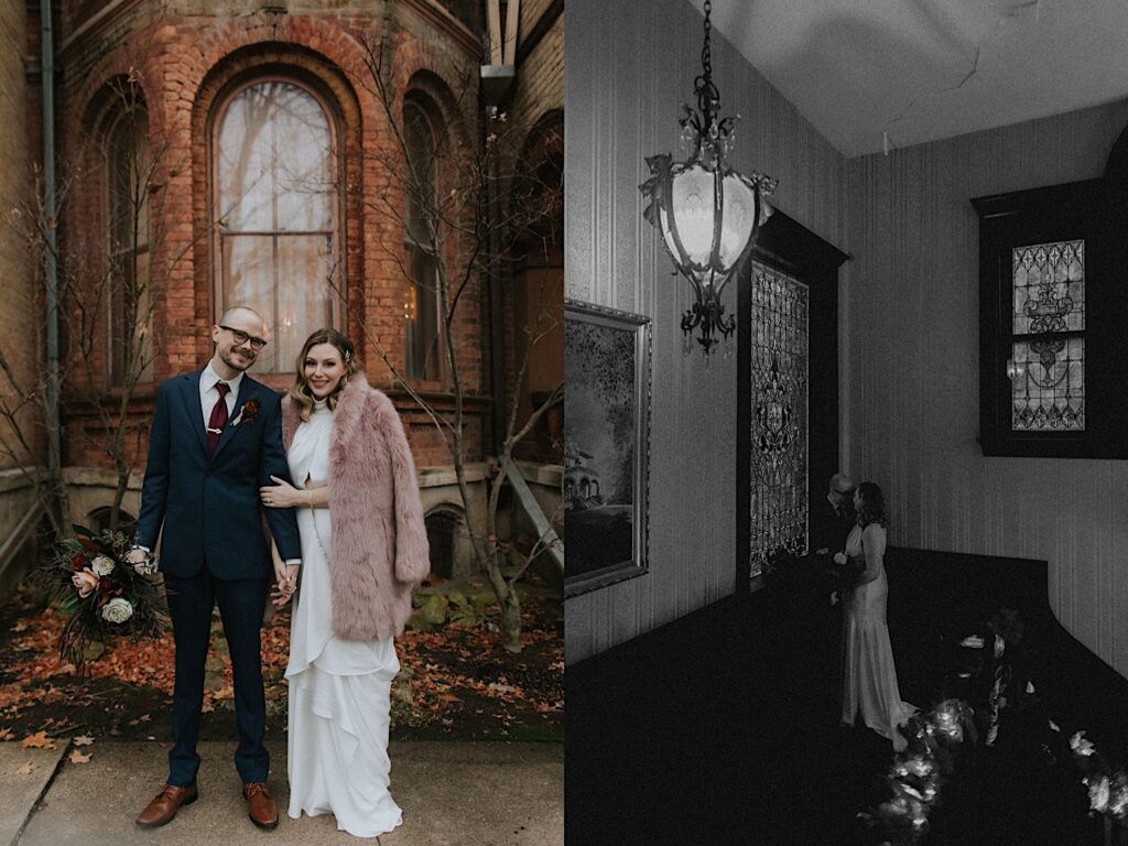 2 photos side by side, the left is of a bride and groom standing outside of the Vrooman Mansion, the right is a black and white photo of the couple standing inside the mansion about to kiss on a staircase