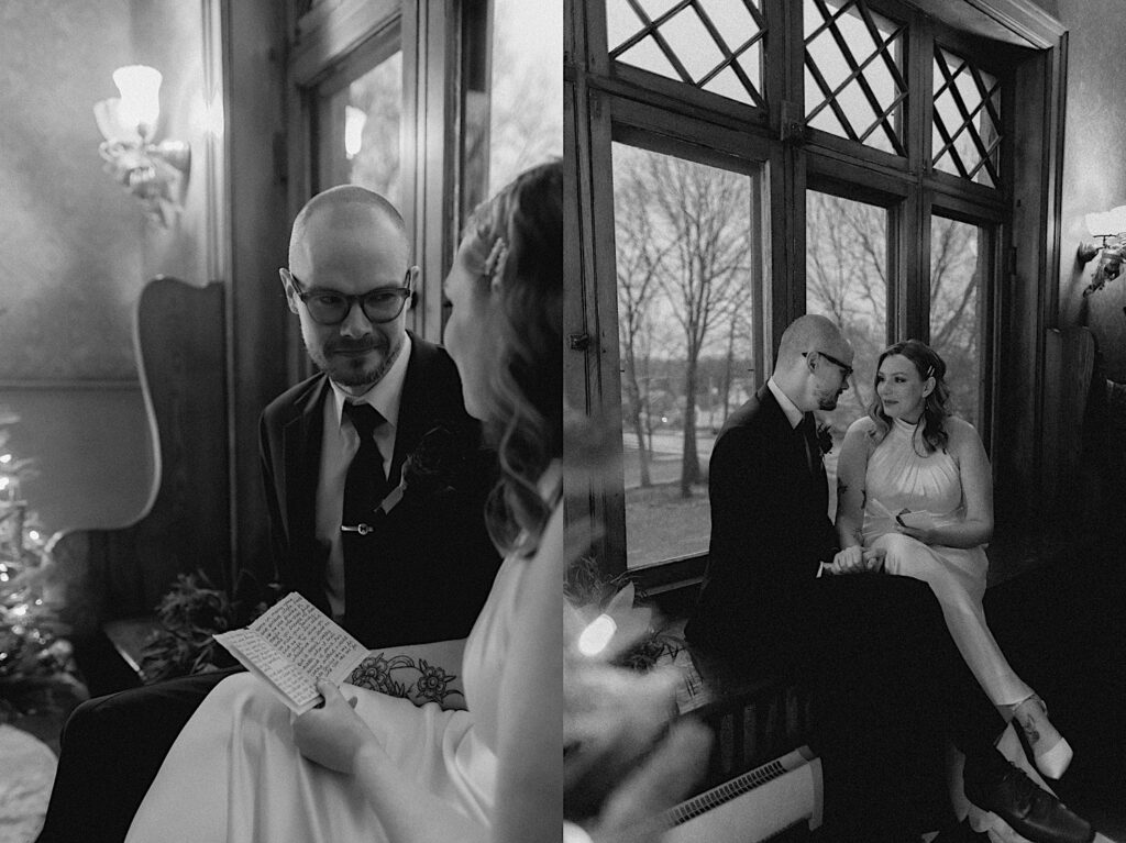 2 black and white photos side by side of a bride and groom inside the Vrooman Mansion, the couple sit on a windowsill as they read their private vows to one another