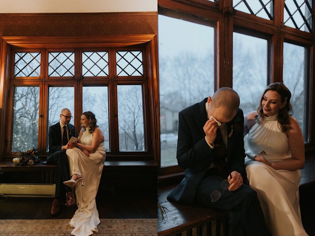 2 photos side by side of a bride and groom sitting in front of a window in the Vrooman Mansion, the left photo is of the groom reading his vows and the right is of him tearing up