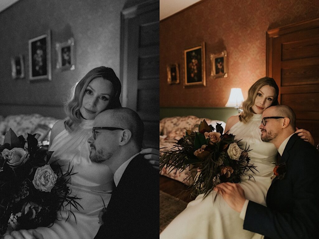2 photos side by side of a bride looking at the camera while the groom rests his head on her chest while inside the Vrooman Mansion, the left photo is black and white