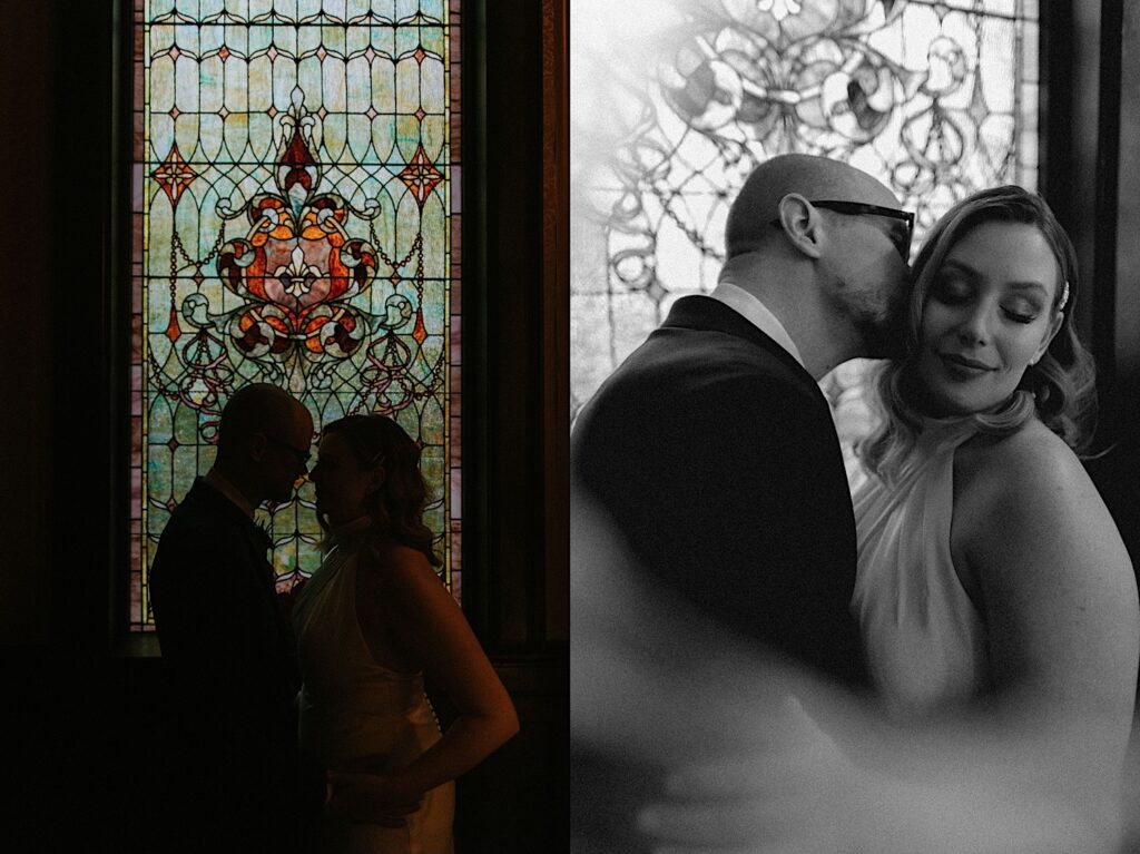 2 photos side by side of a bride and groom in front of a stained glass window of the Vrooman Mansion, the left photo is in color while the right is black and white