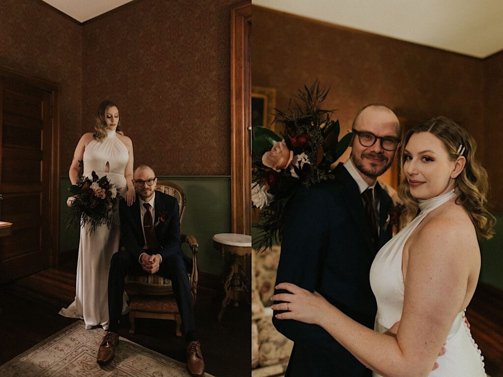 2 photos side by side of a bride and groom inside of the Vrooman Mansion, in the left photo the bride stands next to the groom while he sits in a chair, the right is of them standing side by side