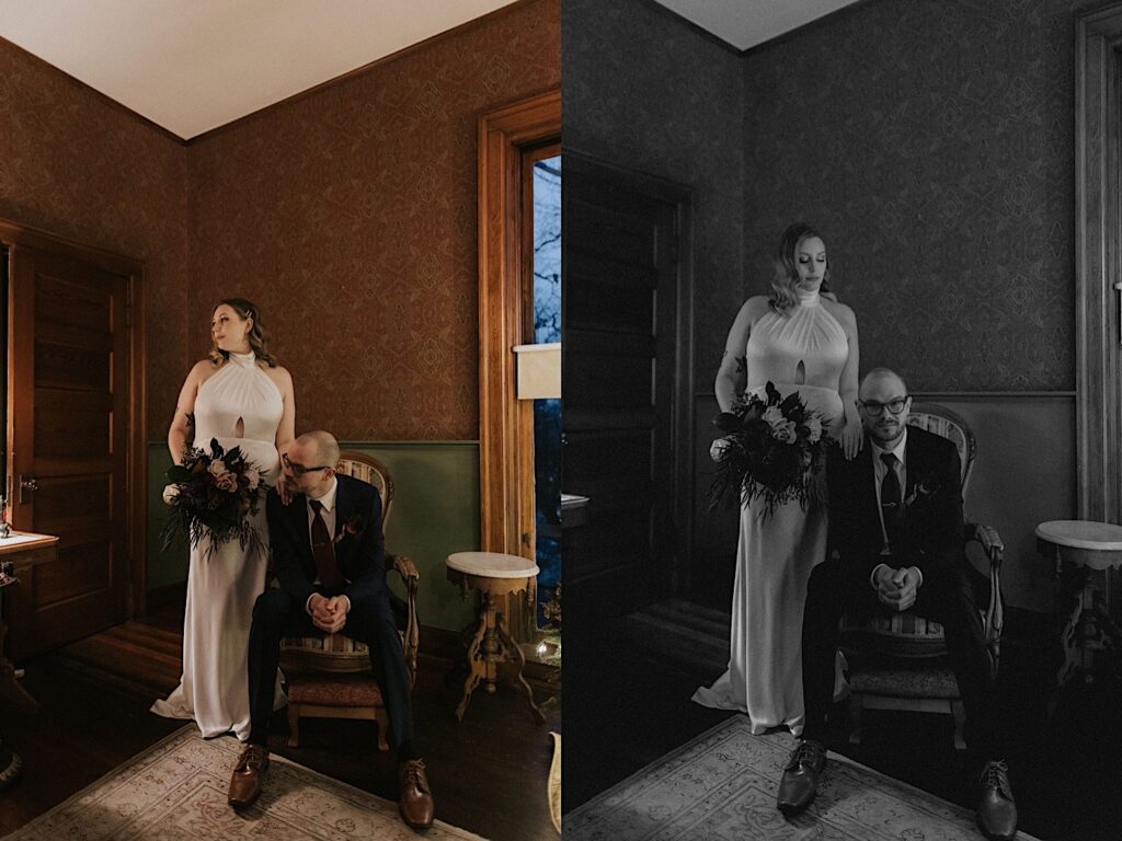 2 photos side by side of a bride standing next to the groom as he sits in a chair inside the Vrooman Mansion, the right photo is black and white
