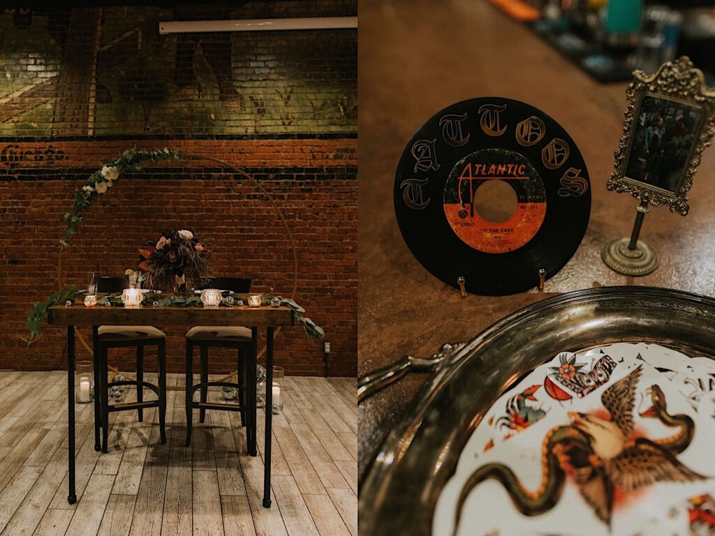 2 photos side by side, the left is of a sweetheart table inside of Reality on Monroe, the right is of a 7inch vinyl being used as a label for temporary tattoos