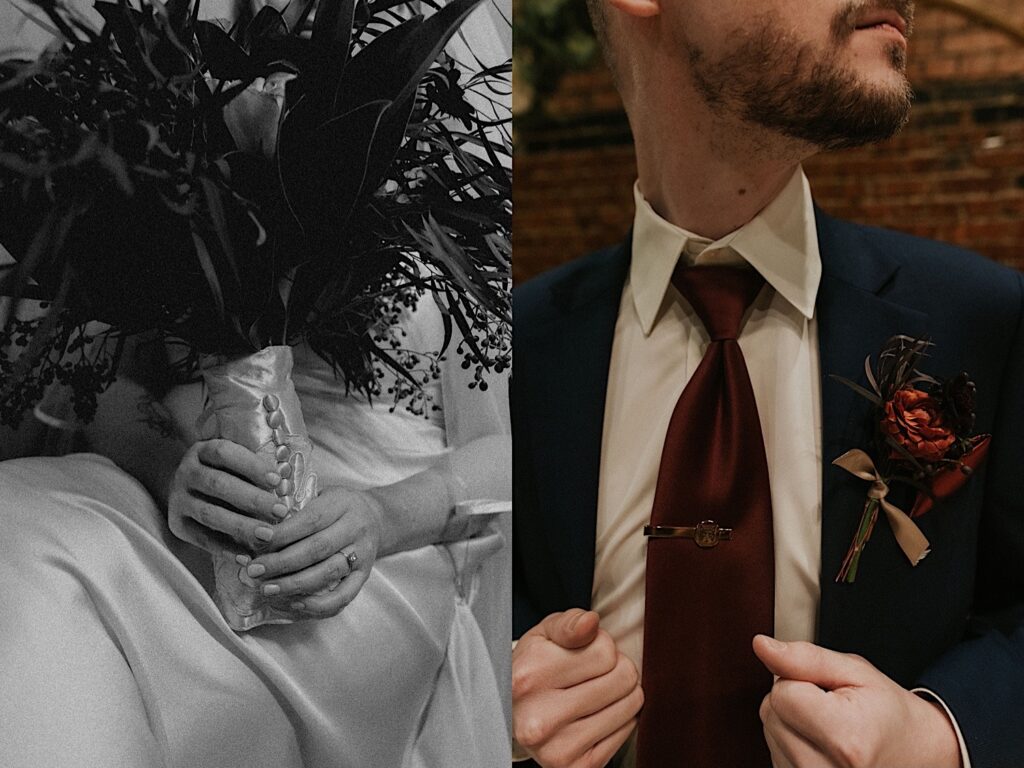 2 photos side by side, the left is a black and white detail photo of the bride holding her bouquet, the right is a detail photo of the tie the groom is wearing