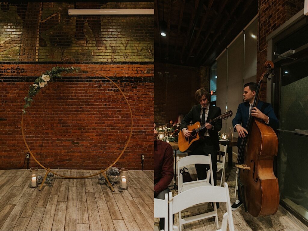 2 photos side by side, the left is of a circle archway set up for a wedding ceremony inside Reality on Monroe, the right is of 2 men playing instruments in the venue