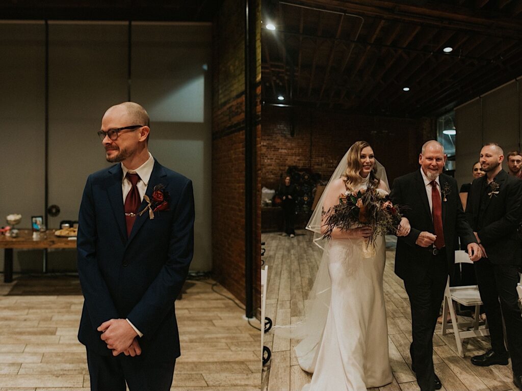 2 photos side by side, the left is of a groom smiling during a wedding ceremony, the right is of the bride walking down the aisle with her father as the two smile