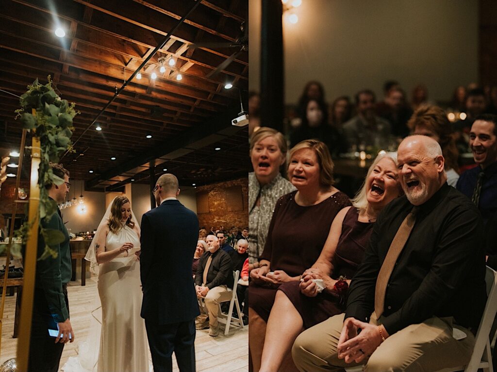 2 photos side by side, the left is of a bride and groom standing during their wedding ceremony, the right is of guests of the wedding sitting and laughing during the ceremony