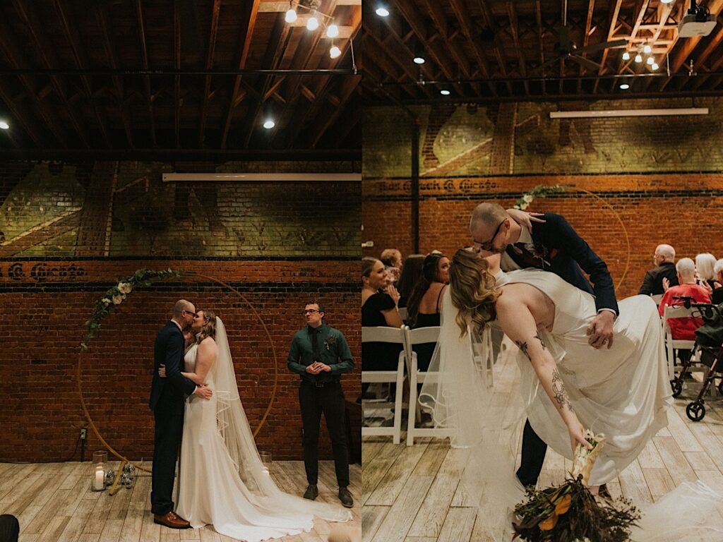 2 photos side by side of a bride and groom during their ceremony at Reality on Monroe, in the left they kiss in front of their guests and in the right they are kissing as they exit the ceremony space