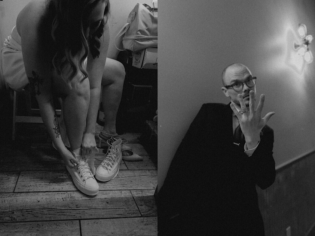 2 black and white photos side by side, the left is of the bride sitting in a chair and changing into comfy shoes, the right is of the groom showing off his wedding ring to the camera