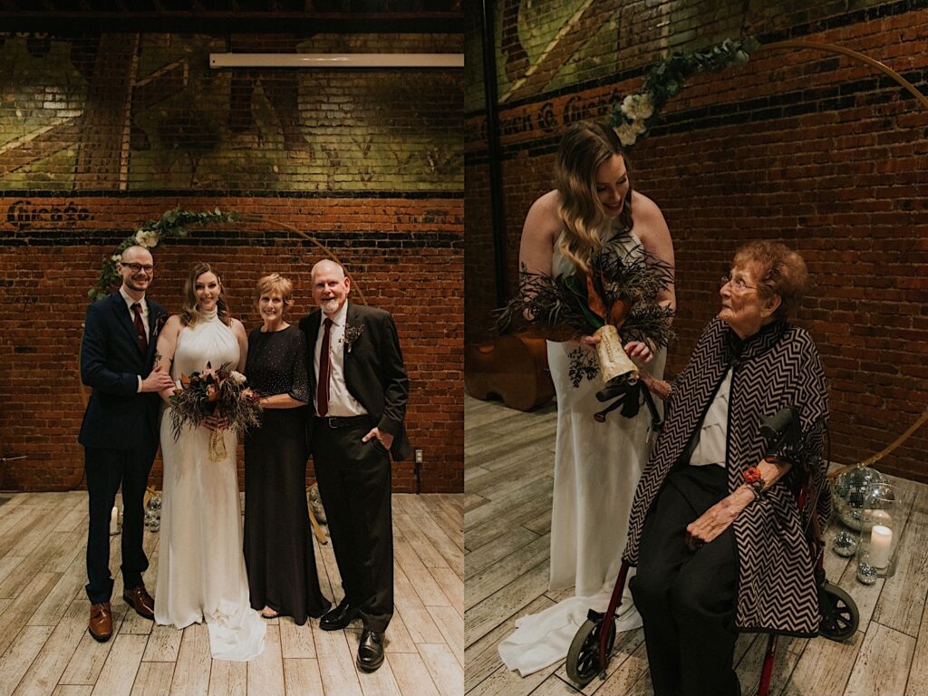 2 photos side by side, the left is of a bride and groom standing at their ceremony space with the bride's parents, the right is of the bride showing her bouquet to her grandmother