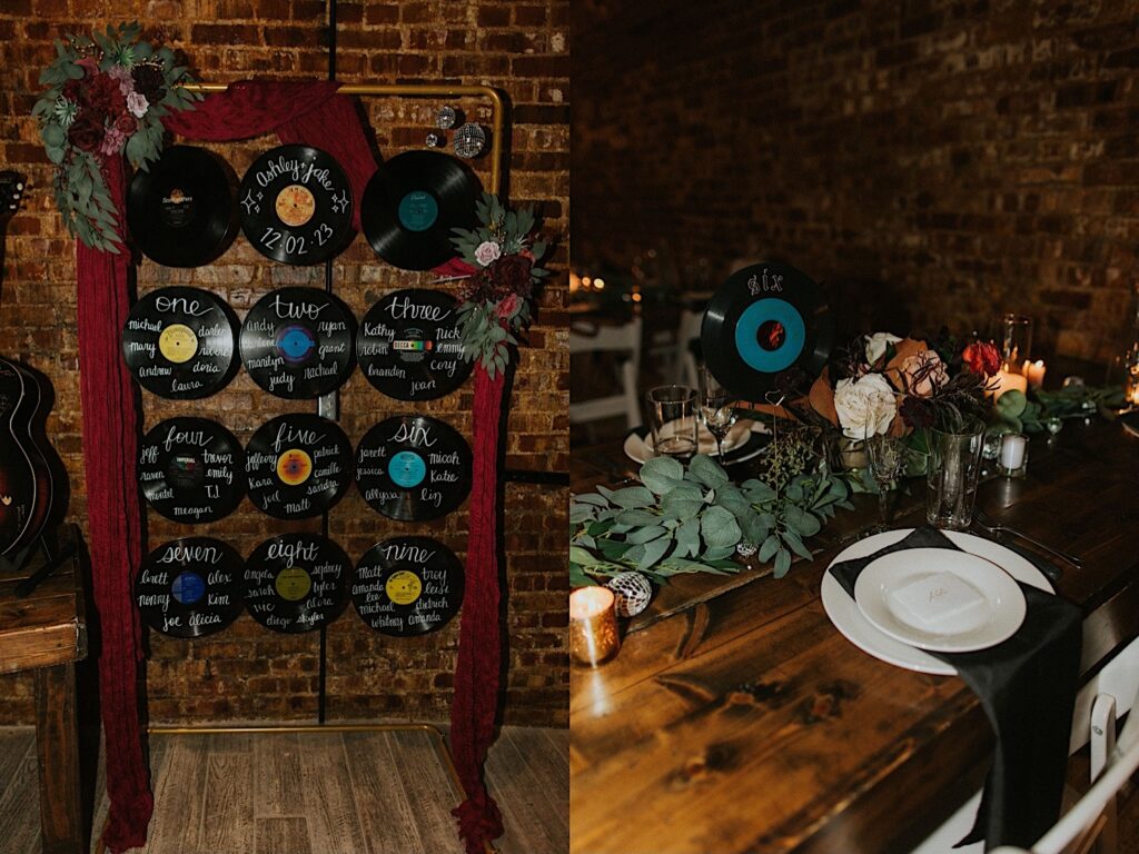 2 photos side by side, the left is of a display of vinyl records being used as a seating chart for a wedding, the right is of a table set up for said wedding