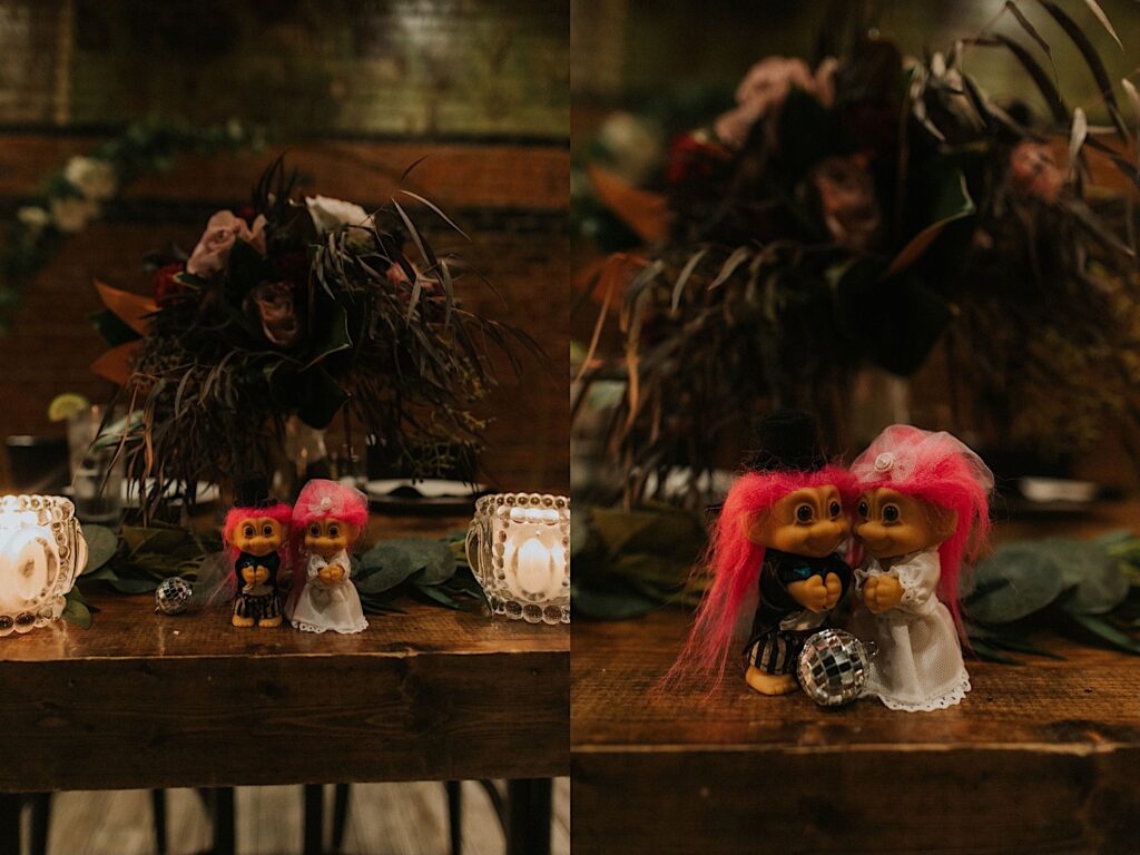 2 photos side by side of toy Trolls standing next to one another on a sweetheart table inside of Reality on Monroe