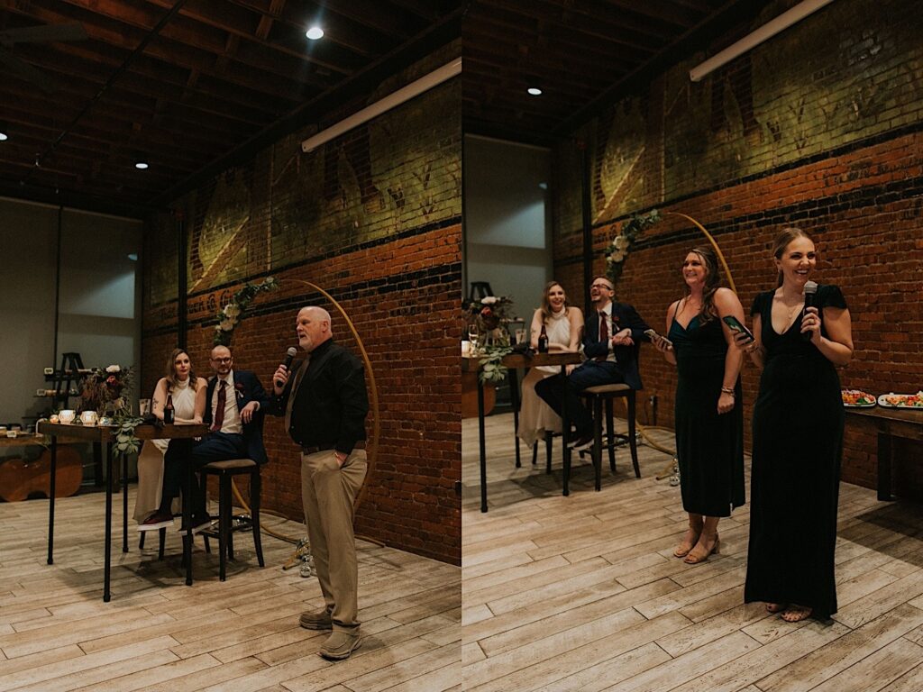 2 photos side by side of a bride and groom listening as speeches are given during their wedding reception at Reality on Monroe, the left photo is a fathers speech and the right is of 2 bridesmaid's speech