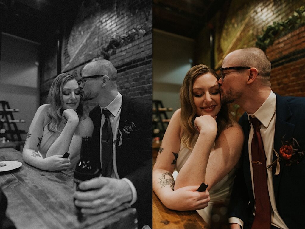 2 photos side by side of a groom kissing the bride's head while the two sit next to one another, the left photo is black and white