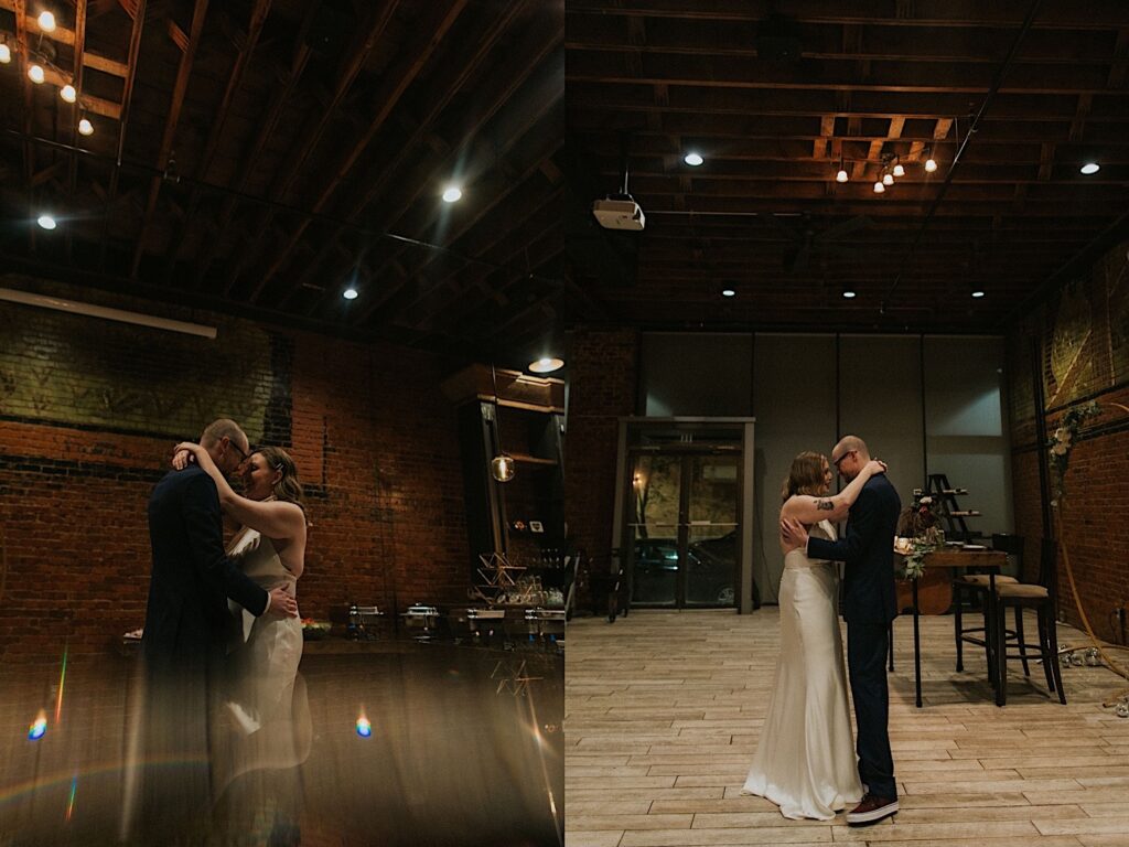 2 photos side by side of a bride and groom sharing their first dance inside of Reality on Monroe