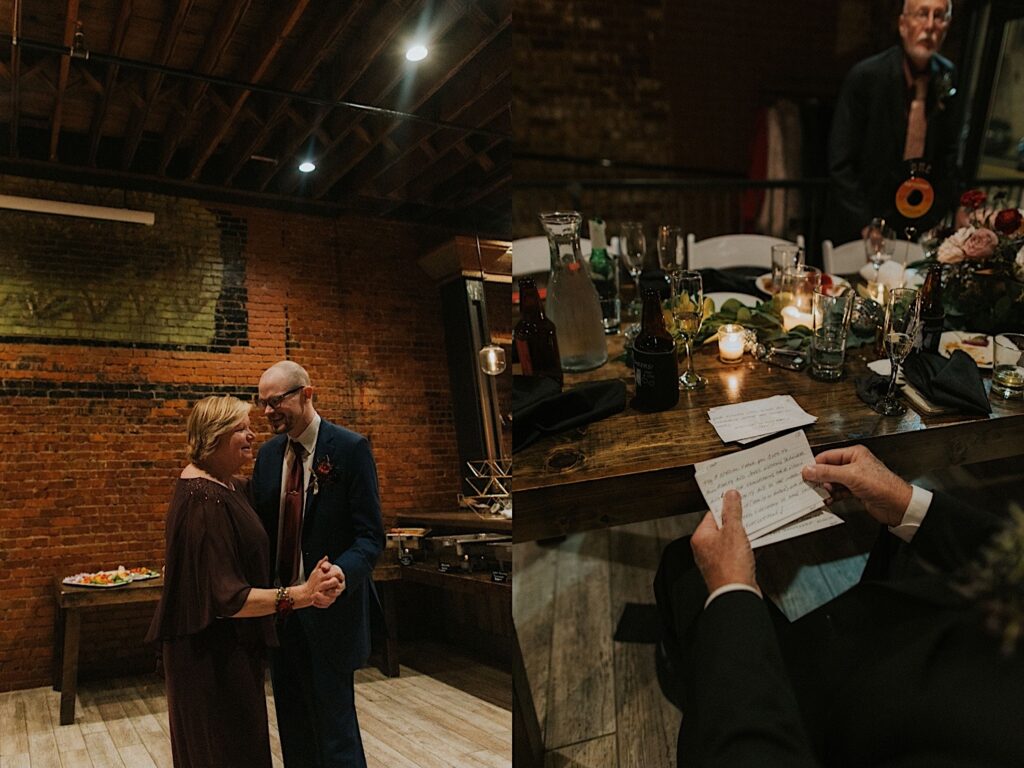2 photos side by side, the left is of a groom and his mother dancing during a reception, the right is of a man reading his notecards before his speech