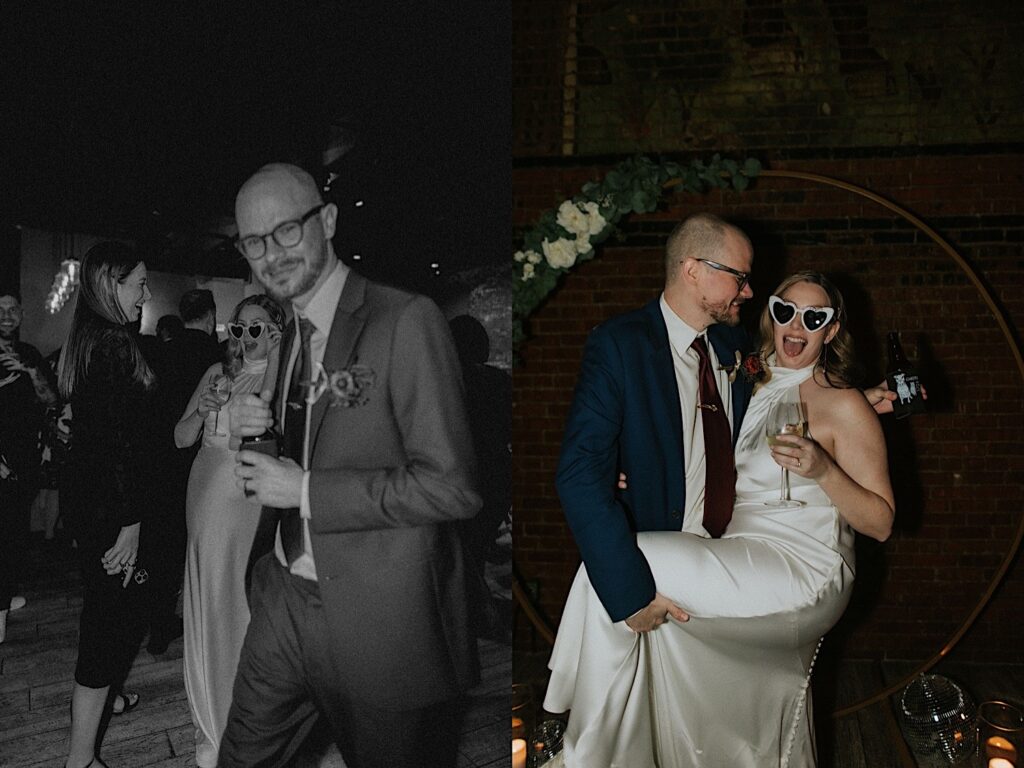 2 photos side by side of a bride and groom during their wedding reception at Reality on Monroe, the left is a black and white photo