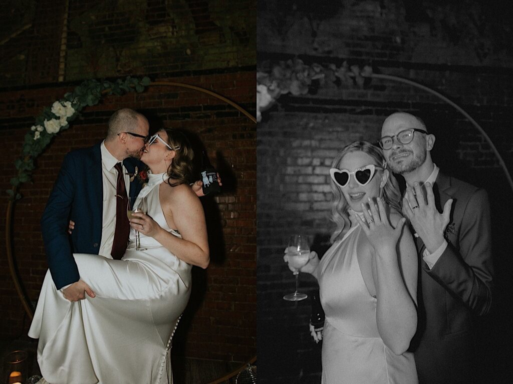 2 photos side by side of a bride and groom inside of Reality on Monroe, in the left they are kissing. the right photo is black and white and they are showing off their wedding rings
