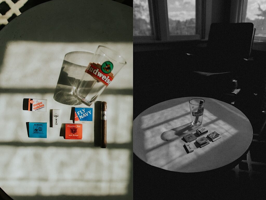 2 photos side by side of a Budweiser glass on a table next to a cigar and vintage match books, the right photo is in black and white