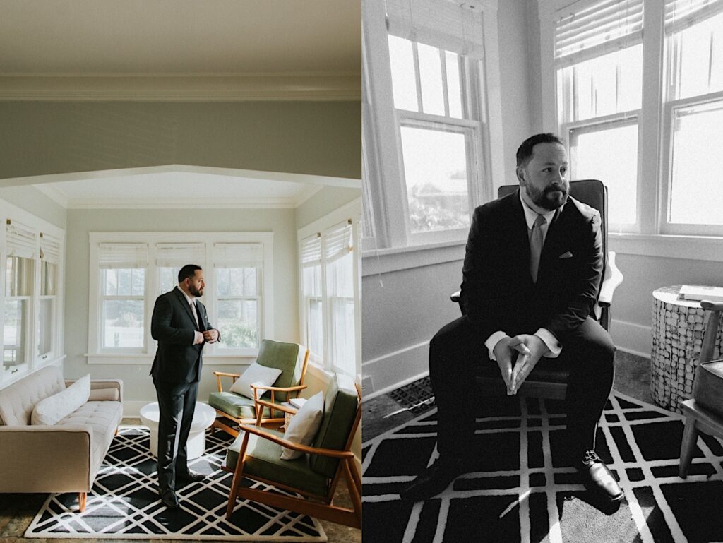 2 photos side by side of a groom in a sunroom, the left is of him standing looking out the window and the right is of him sitting in a chair with hands clasped