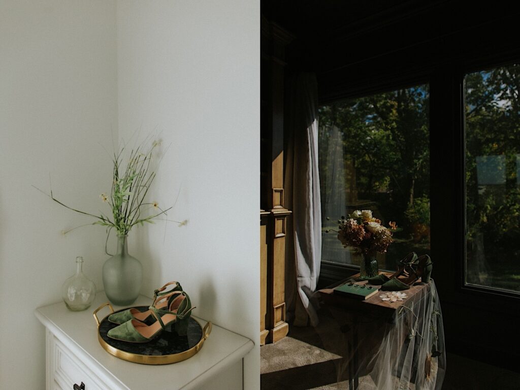 2 photos side by side of a pair of green women's shoes, the left is of them on a white table, the right is of them on a different table in front of large windows