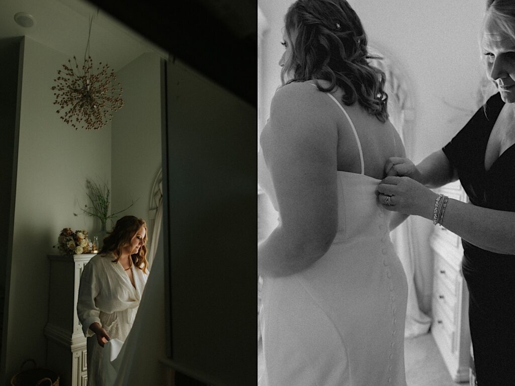 2 photos side by side of a bride getting ready for her wedding, the left is of her looking at her wedding dress and the right is of a woman helping button up the back of the wedding dress, the right photo is also black and white