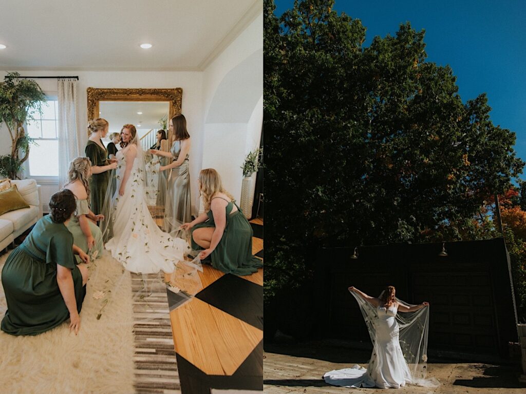 2 photos side by side, the left is of a bride smiling as her 5 bridesmaids help with her wedding dress, the right is of the bride outside playing with her floral veil
