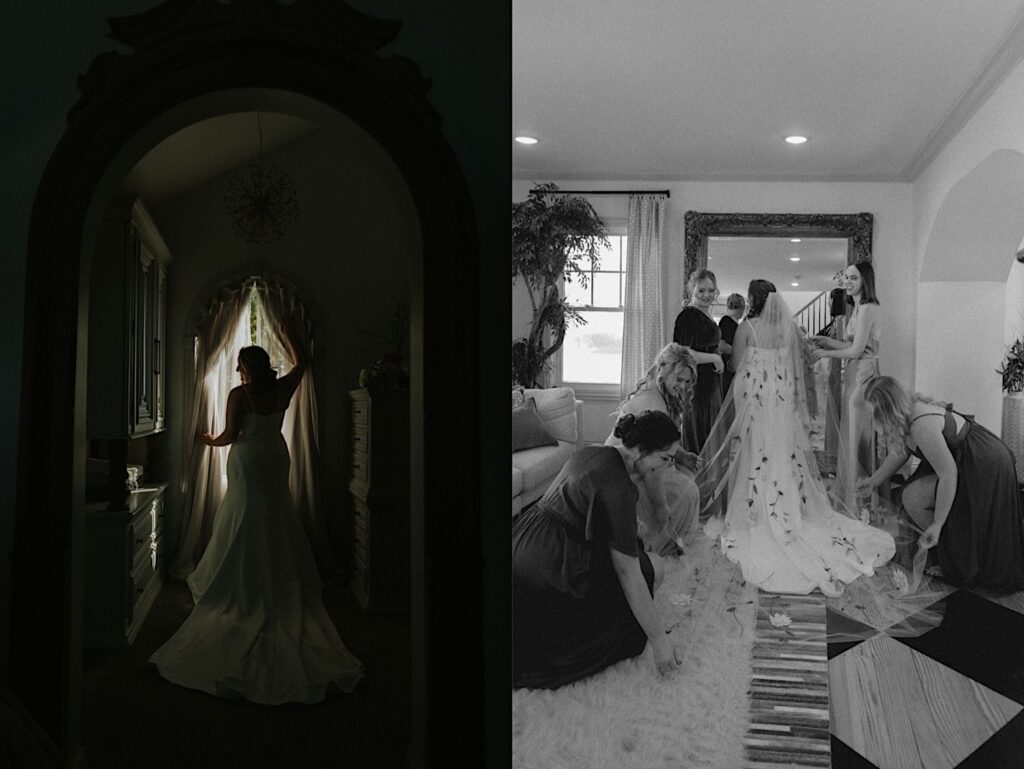2 photos side by side, the left is of a bride standing in front of a window looking over her shoulder, the right is a black  and white photo of the bride standing in front of a mirror as her 5 bridesmaids adjust her flower veil