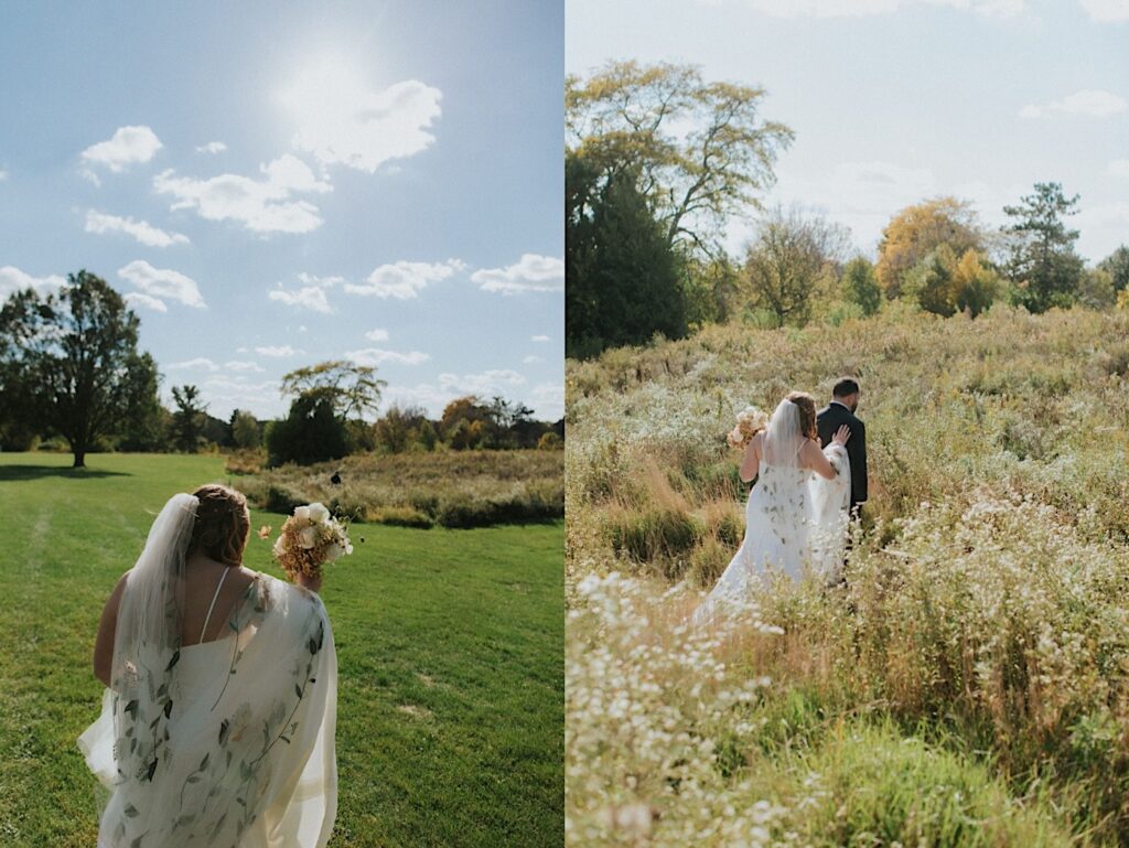 2 photos side by side, the left is of a bride walking in a field towards the groom in the distance, the right is of her about to tap the groom on the shoulder for their first look