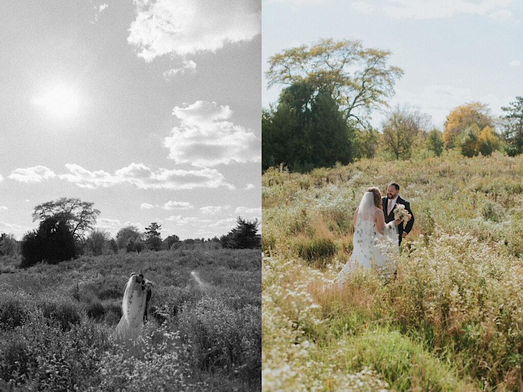 2 photos side by side of a bride and groom during their first look in the middle of a field, the left photo is in black and white