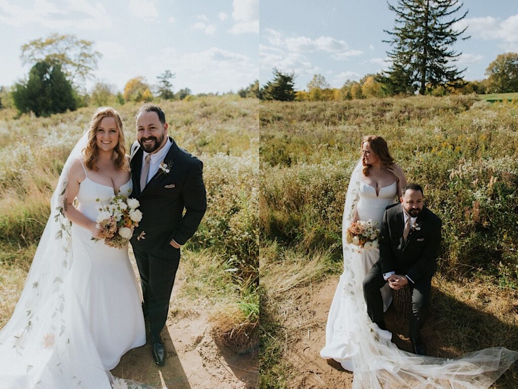2 photos side by side of a bride and groom in a field, the left photo is of them smiling at the camera standing side by side, the right is of the bride standing next to the groom as he sits and they look in opposite directions