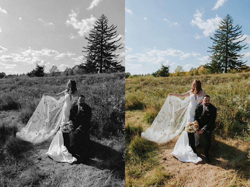 2 photos side by side of a bride playing with her floral veil in the wind while standing next to the groom as he sits, the two of them are in a field and the left photo is in black and white