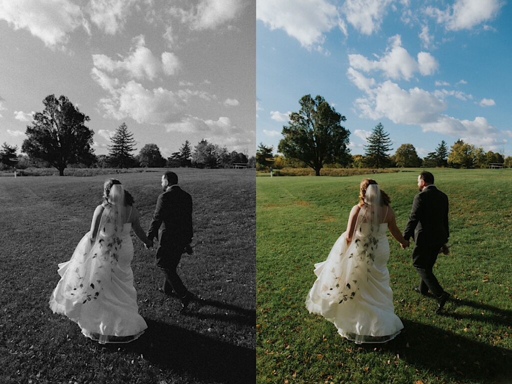 2 photos side by side of a bride and groom walking hand in hand away from the camera through a field, the left photo is in black and white