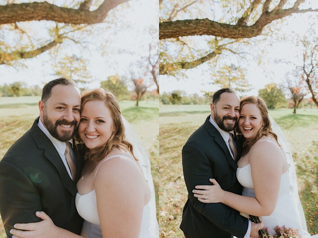 2 photos side by side of a bride and groom smiling while taking portrait photos inside of a park