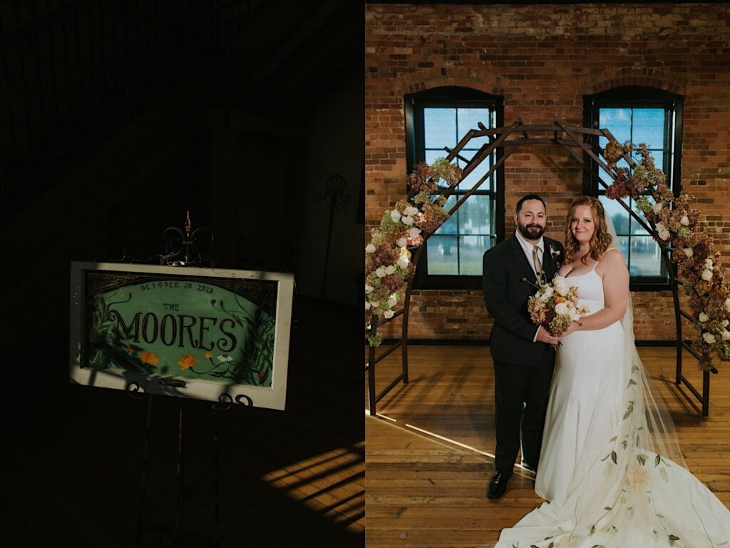2 photos side by side, the left is of a stained glass window with a couple's last name on it, the right is a portrait photo of a couple standing next to one another in their ceremony space