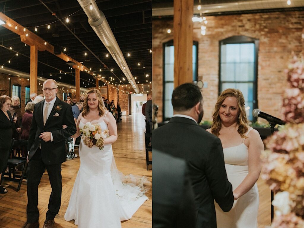 2 photos side by side, the left is of a bride walking down the aisle with her father, the right is of the bride and groom holding hands during their ceremony