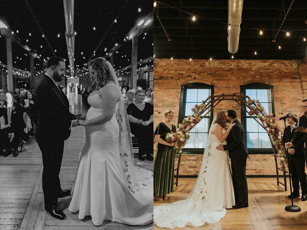 2 photos side by side, the left is a black and white photo of a bride and groom holding hands during their ceremony, the right is of them kissing during their ceremony