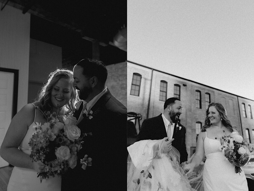 2 black and white photos side by side of a bride and groom, the left is of the two indoors smiling next to one another, the right is of them holding hands as they walk together outdoors