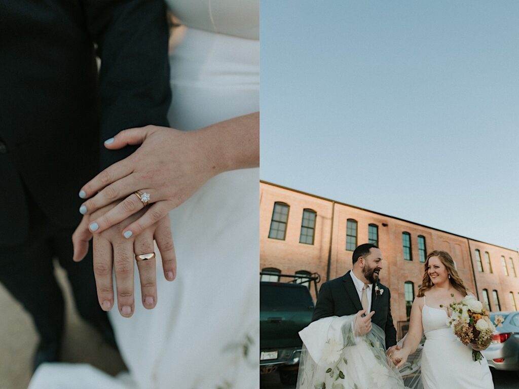 2 photos side by side, the left is a close up of the bride and groom's hands showing off their wedding rings, the right is of them smiling while holding hands outside of their venue