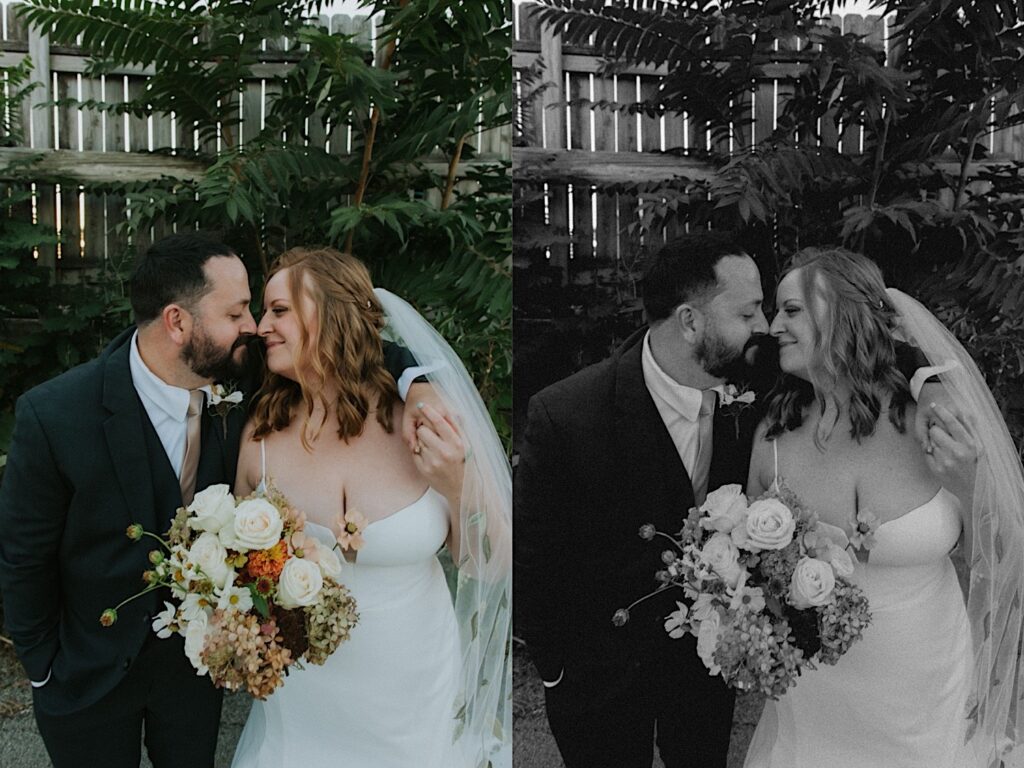 2 photos side by side of a bride and groom about to kiss while standing next to one another, the right is a black and white photo