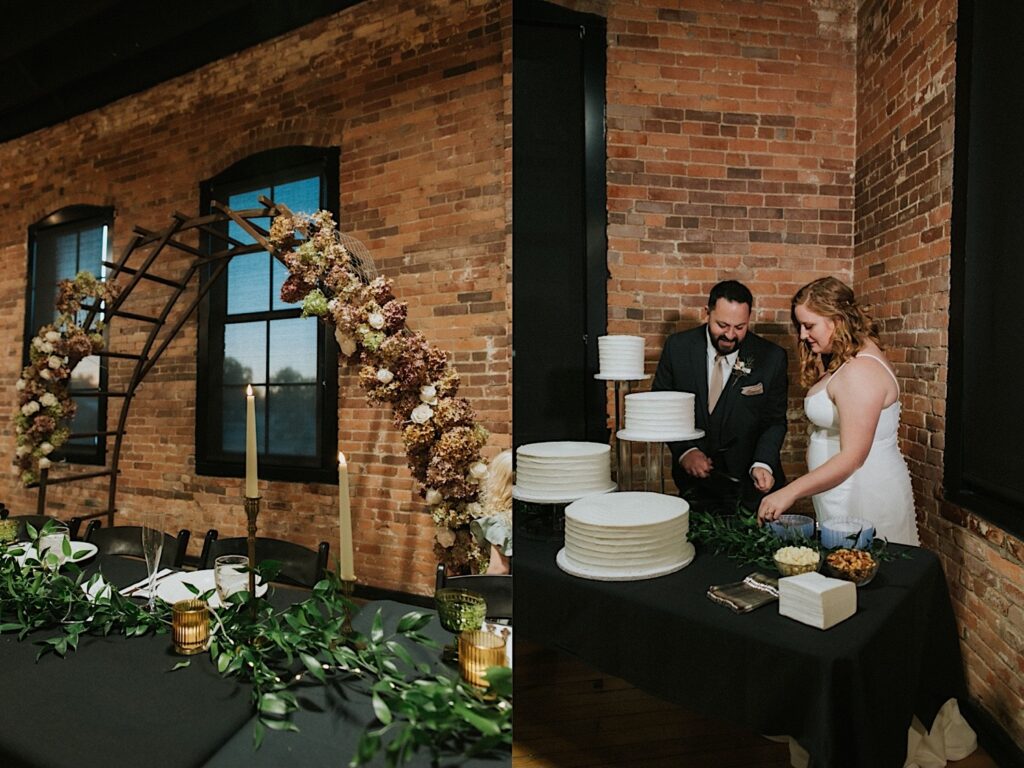 2 photos side by side, the left is of the head table sitting in front of a floral archway, the right is of a bride and groom cutting their wedding cake together
