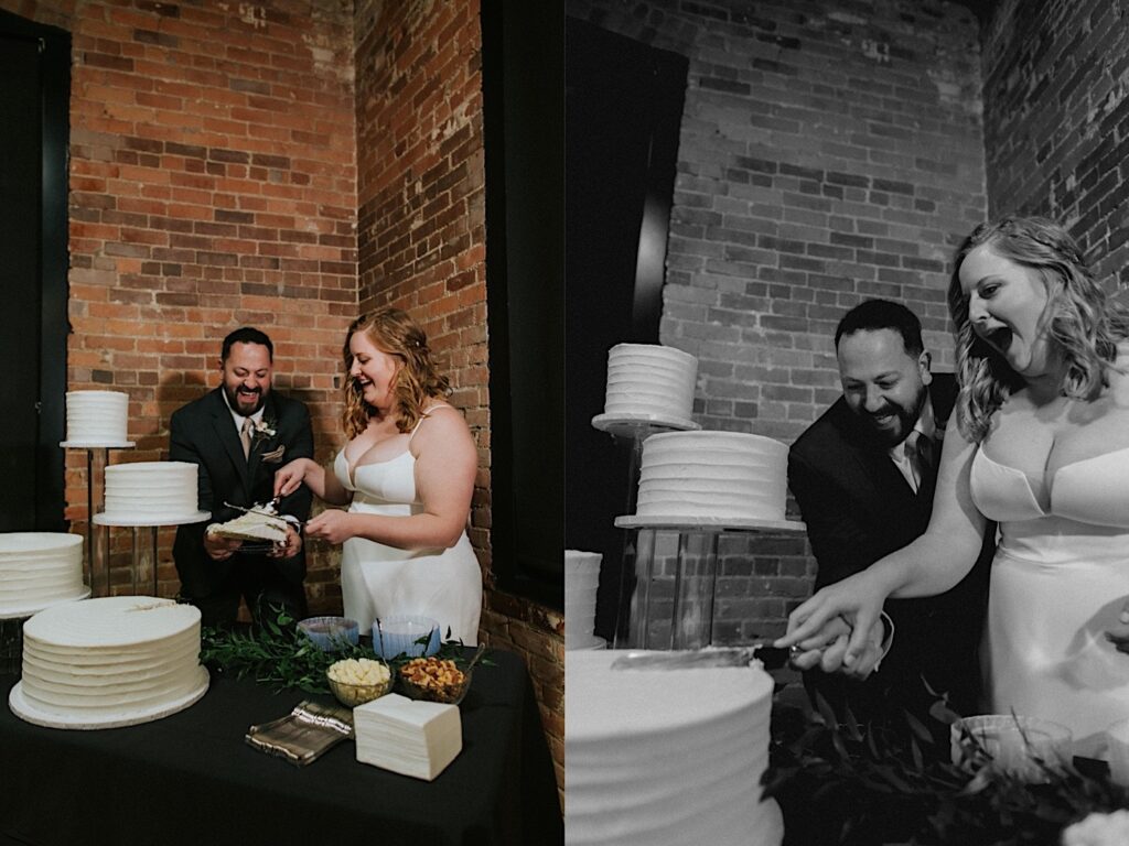 2 photos side by side of a bride and groom cutting their wedding cake together, the right photo is black and white