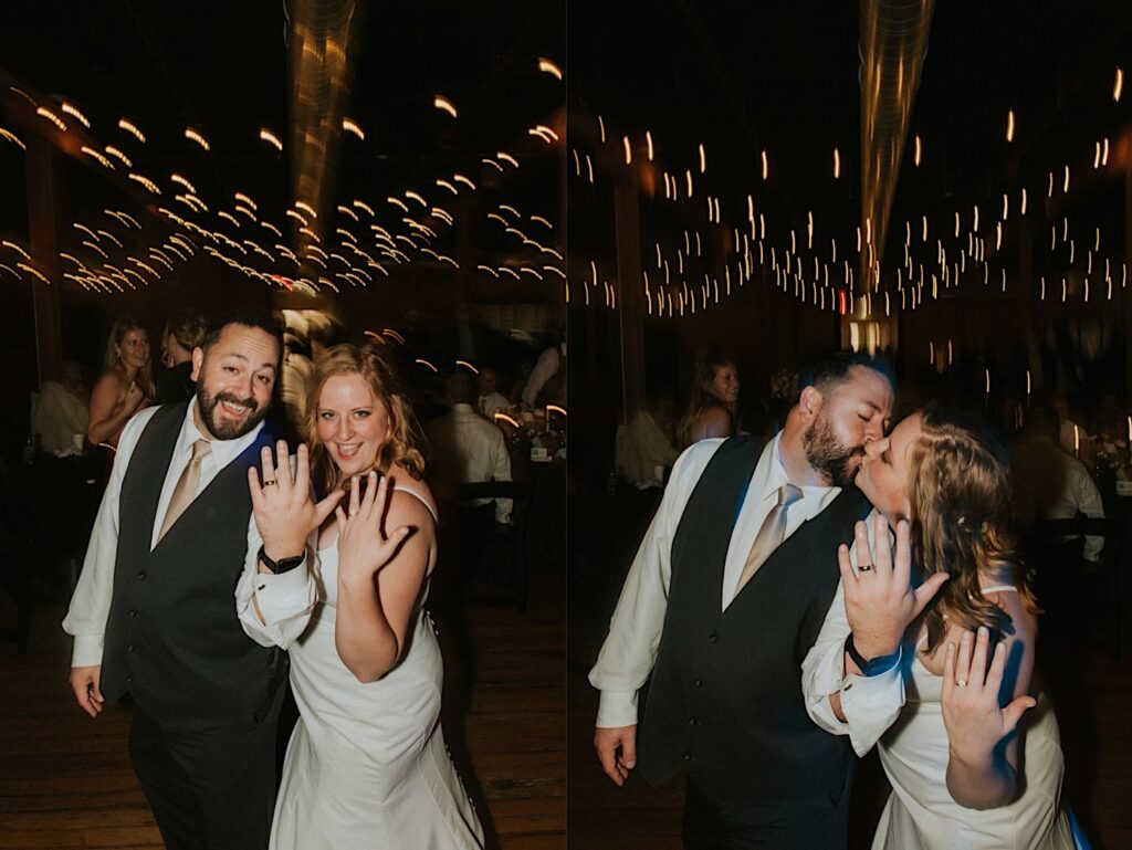 2 photos side by side of a bride and groom dancing together during their wedding reception