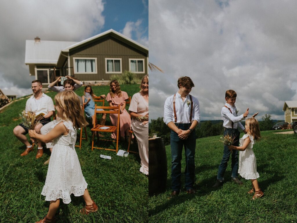 2 photos side by side of a flower girl at an outdoor wedding, the left is of her walking past the guests, the right is of her high fiving one of the groomsmen
