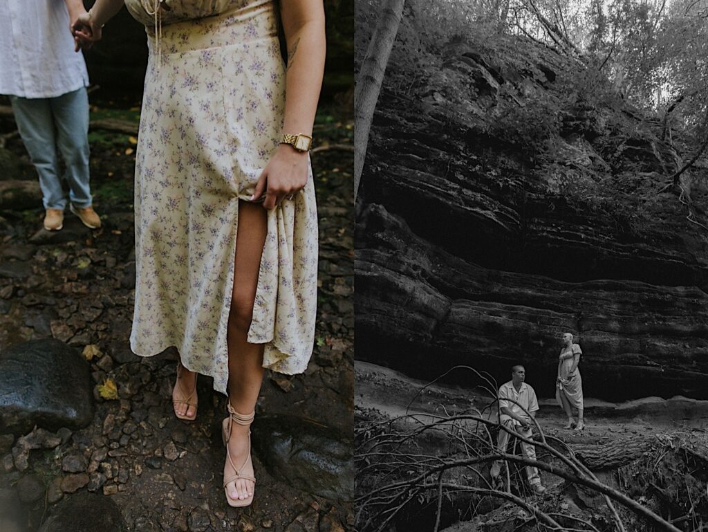 2 photos side by side of a couple at Matthiessen State Park, the left is a close up of the woman's dress as she holds the man's hand, the right is a black and white photo of them next to a rock wall