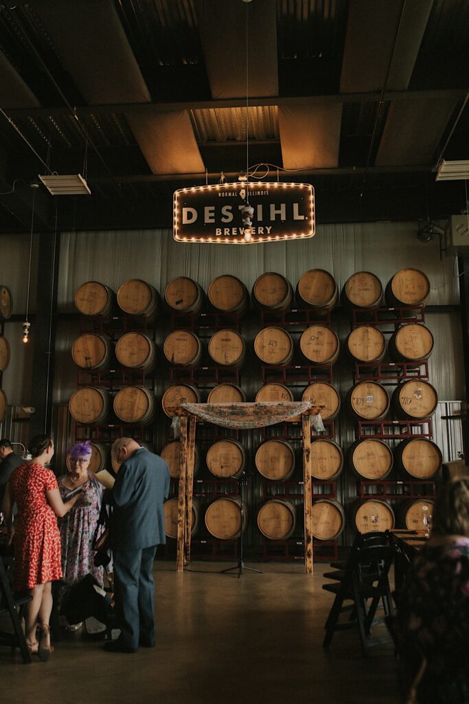 The wedding ceremony space of The Barrel Room at the Destihl Brewery in Central Illinois