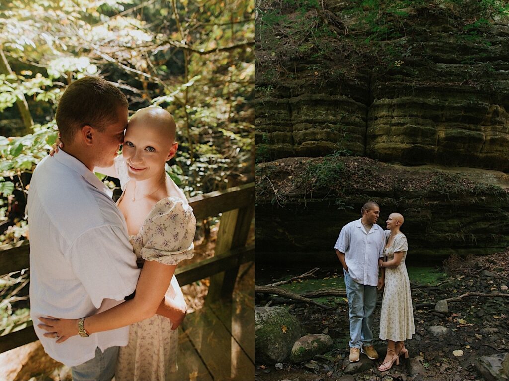 2 photos side by side of a couple at Matthiessen State Park, in the left they are hugging as the woman looks at the camera, in the right they smile at one another while standing side by side